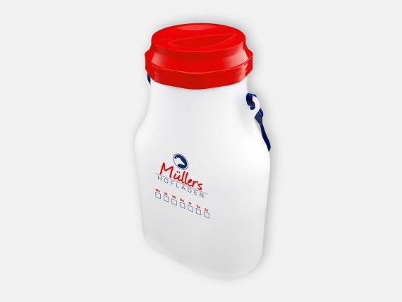 Milchkanne bedruckt mit Logo für Hofladen